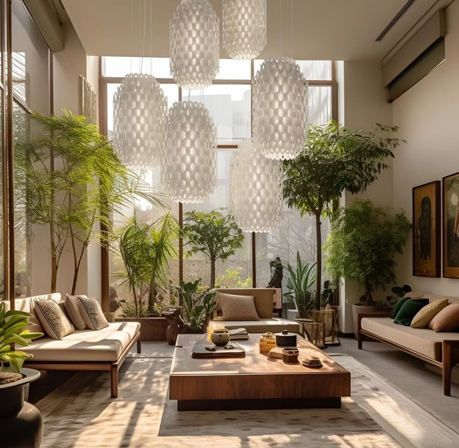 Zylindrische Hängelampe mit gestuftem Design, bestehend aus wabenförmigen Paneelen, die einen diffusen Lichteffekt erzeugen, aufgehängt an einem dünnen Draht.