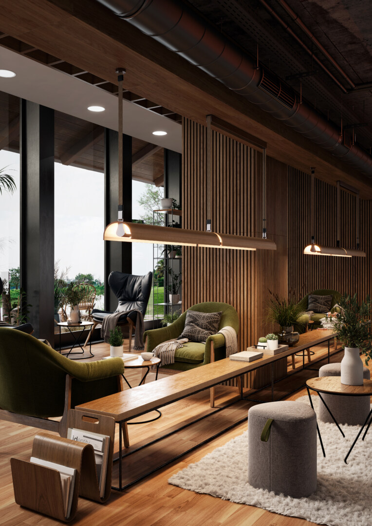 Aluet S100_2_ambient Eine moderne Pendelleuchte mit einer langen, horizontalen Holzleiste, an deren Enden schwarze Metallelemente befestigt sind. Die Leuchte wird von zwei dünnen, schwarzen Kabeln gehalten, die sowohl als Aufhängung dienen als auch die elektrischen Verbindungen beinhalten. Das warme Licht der Leuchte wird durch röhrenförmige Lampen erzeugt, die unter der Holzleiste angebracht sind.