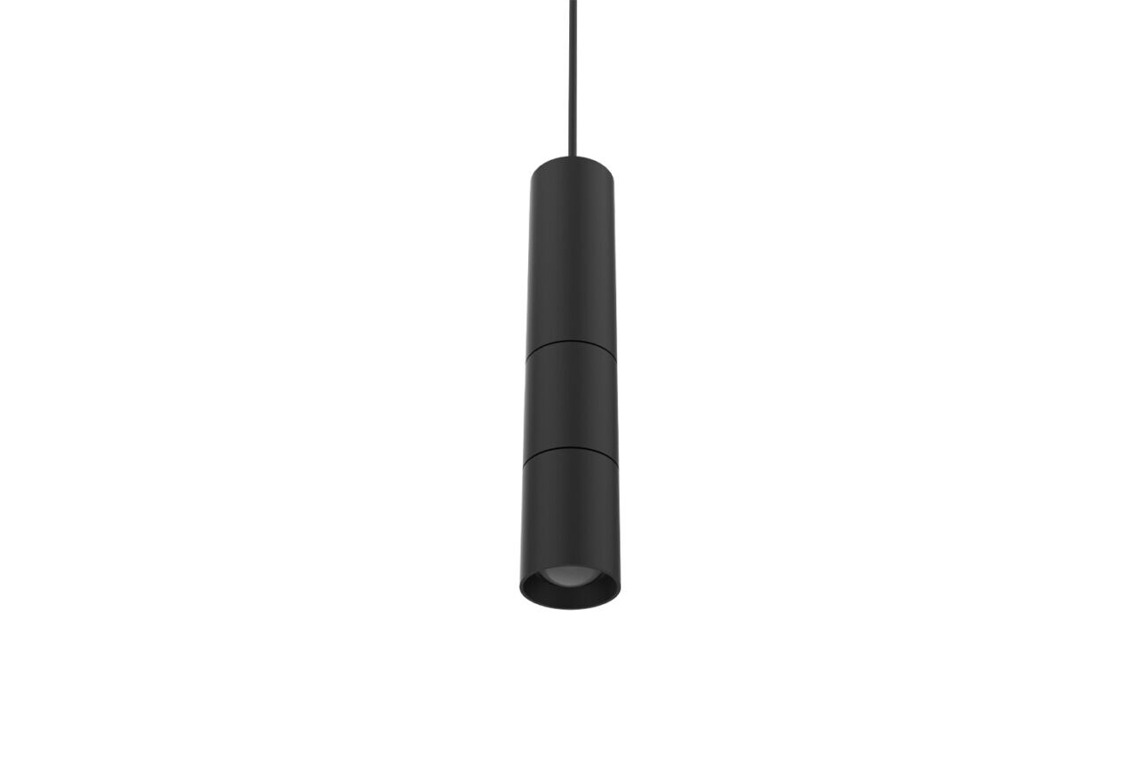 Eine minimalistische Pendelleuchte mit einem schlanken, zylindrischen Design. Die Leuchte hängt an einem dünnen Kabel und passt sich stilvoll in verschiedene moderne Inneneinrichtungen an.