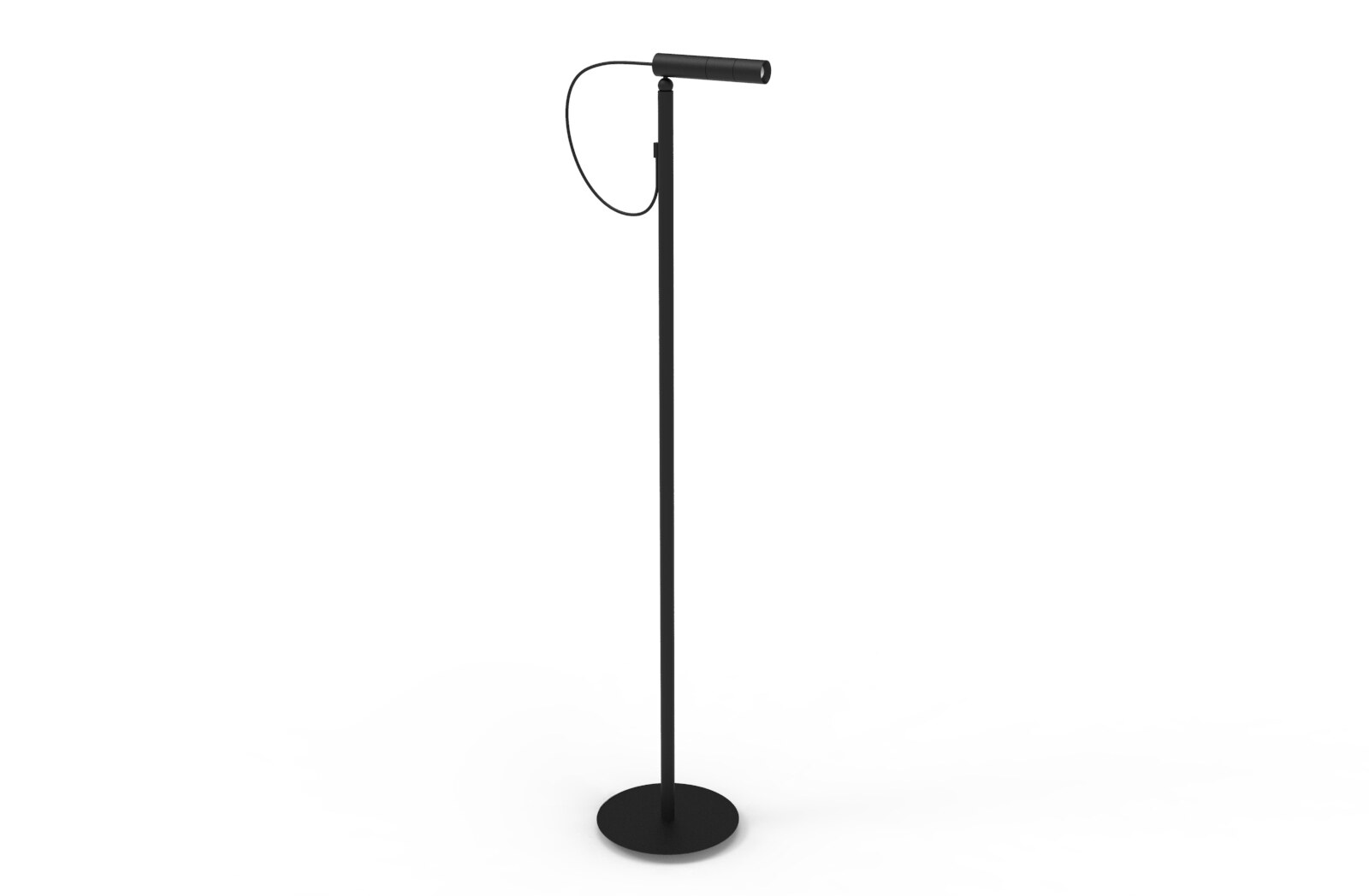 Eine elegante schwarze Stehlampe mit einem schlanken, hohen Stab und einem zylindrischen Leuchtkopf. Die Lampe steht vor einem weissen Hintergrund und hat ein minimalistisches Design.